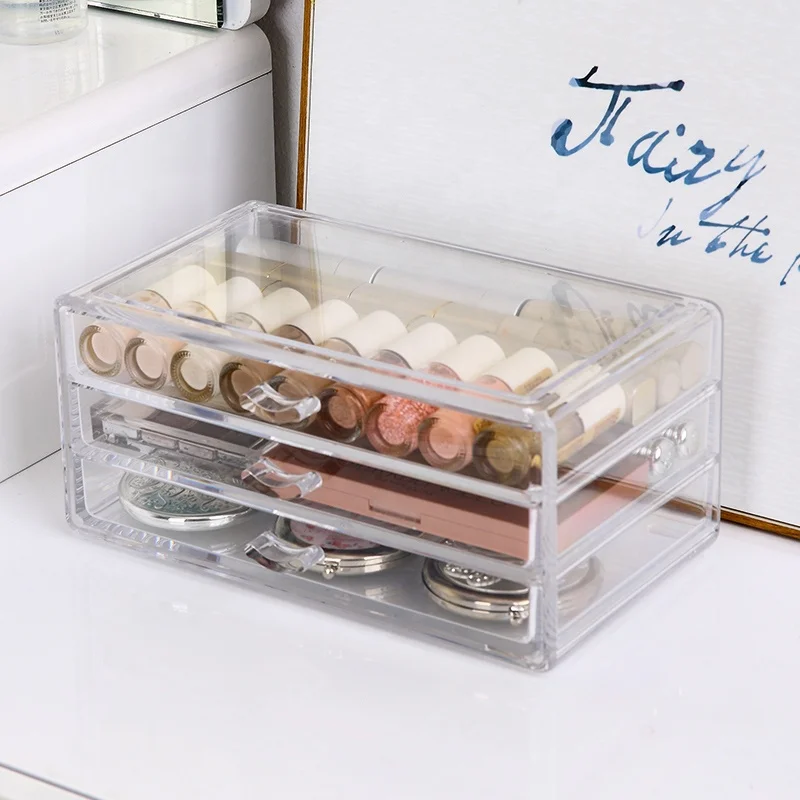 Dresser beauty woman cosmetic jewelry brushes countertop storage drawer box diamond clear plastic makeup organizer