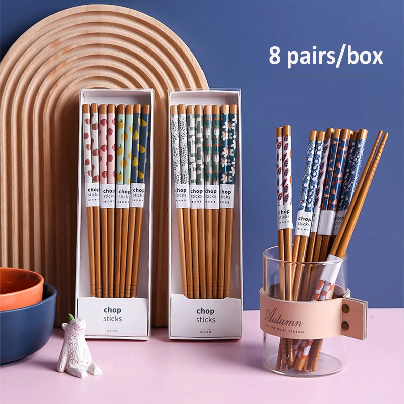 Wholesale 8 Pairs Japanese  Print Box Packed Reusable Chopsticks Non-slip Gift Bamboo Chopsticks