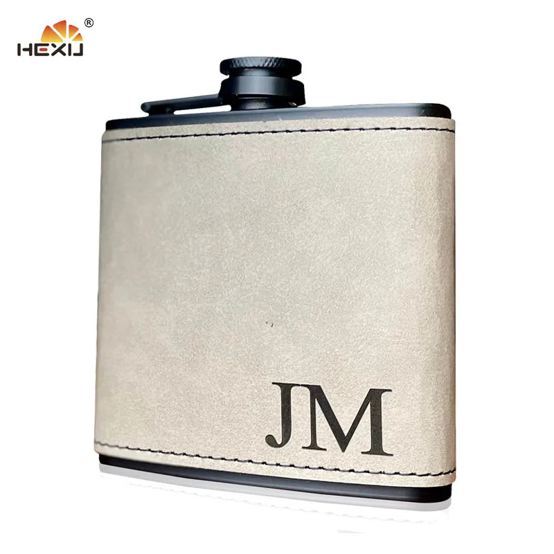 6oz Stainless Steel Brown Personalized Hip Flask Leather Wrapped