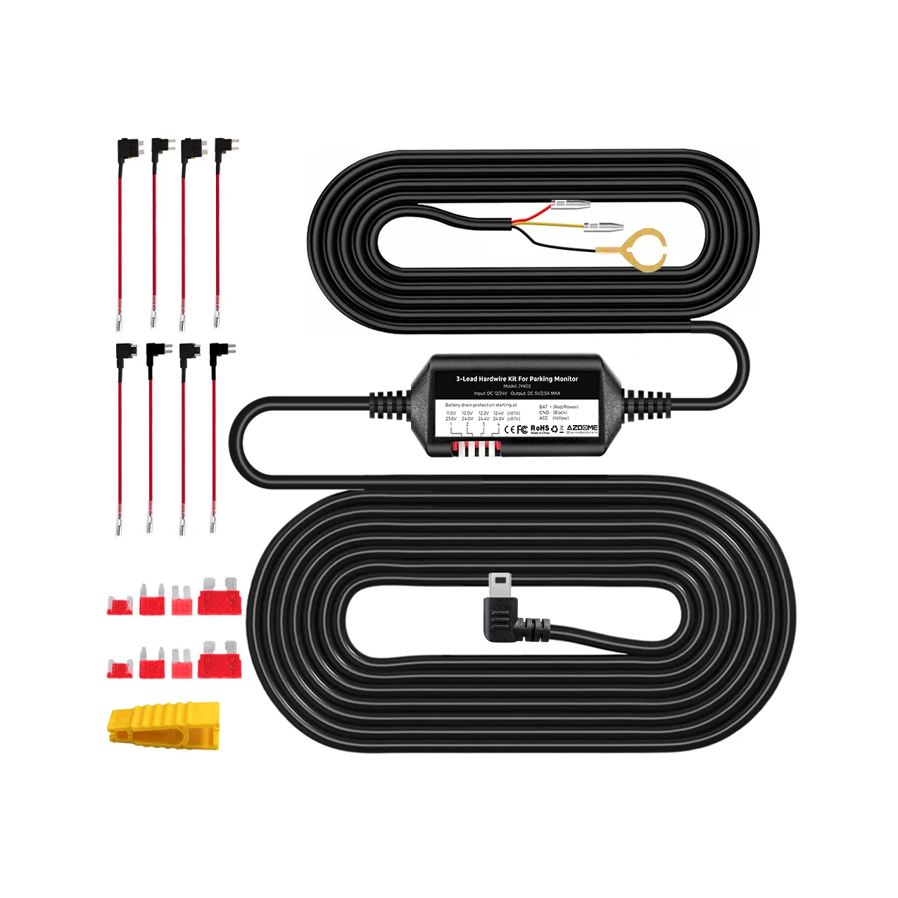 AZDOME JYX02 ACC Hardwire Kit Mini-USB Port Dash Cam for Dash Camera 24H Parking Monitor Converts 12V-24V to Output 5V/2.5A