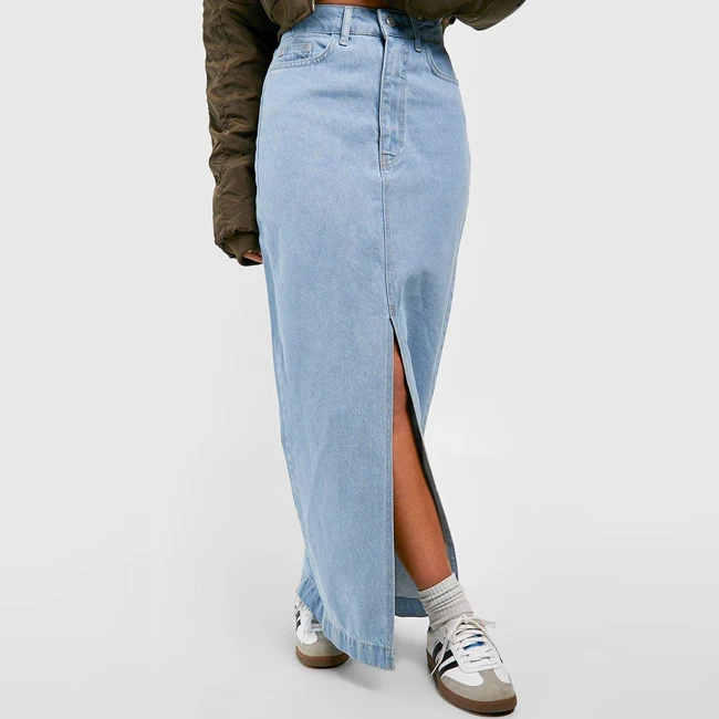Custom Summer High Quality Fashion Ladies Split Blank Jeans Long Maxi Denim Skirt For women