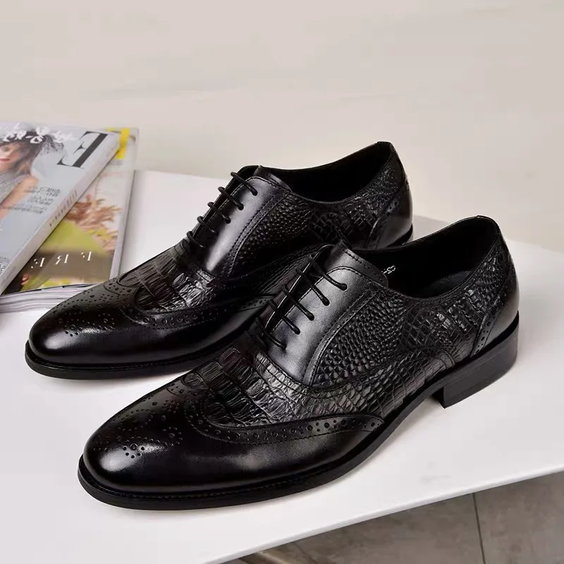 Brown Black Men Casual Dress Shoes Lace Up PU Leather Luxury Party Groom Wedding Pointed Toe Shoes for Men