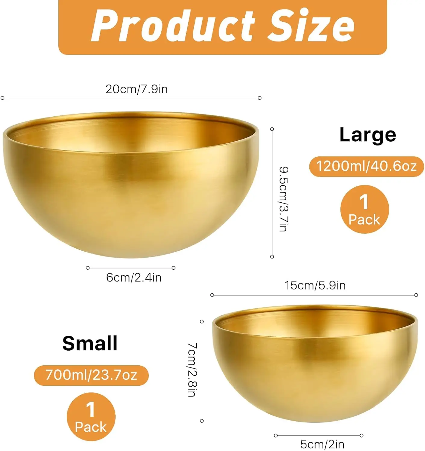 Kitchenware Golden Fruit Salad Snack 15cm 20cm Stainless Steel Mixing bowls set Salad Bowl Prep bowl
