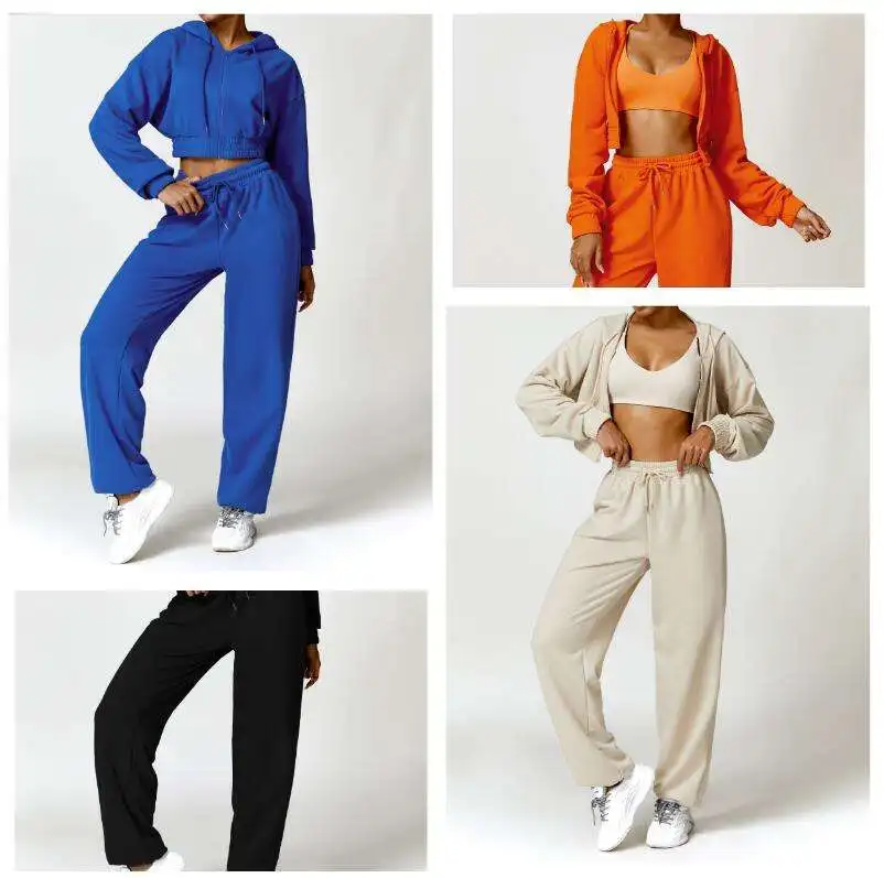 Wholesale Custom 2024 Hot Selling Women 2 PCS Cropped Hoodies Sweatshirts Set Gym Fitness Workout Training Tracksuit For Women