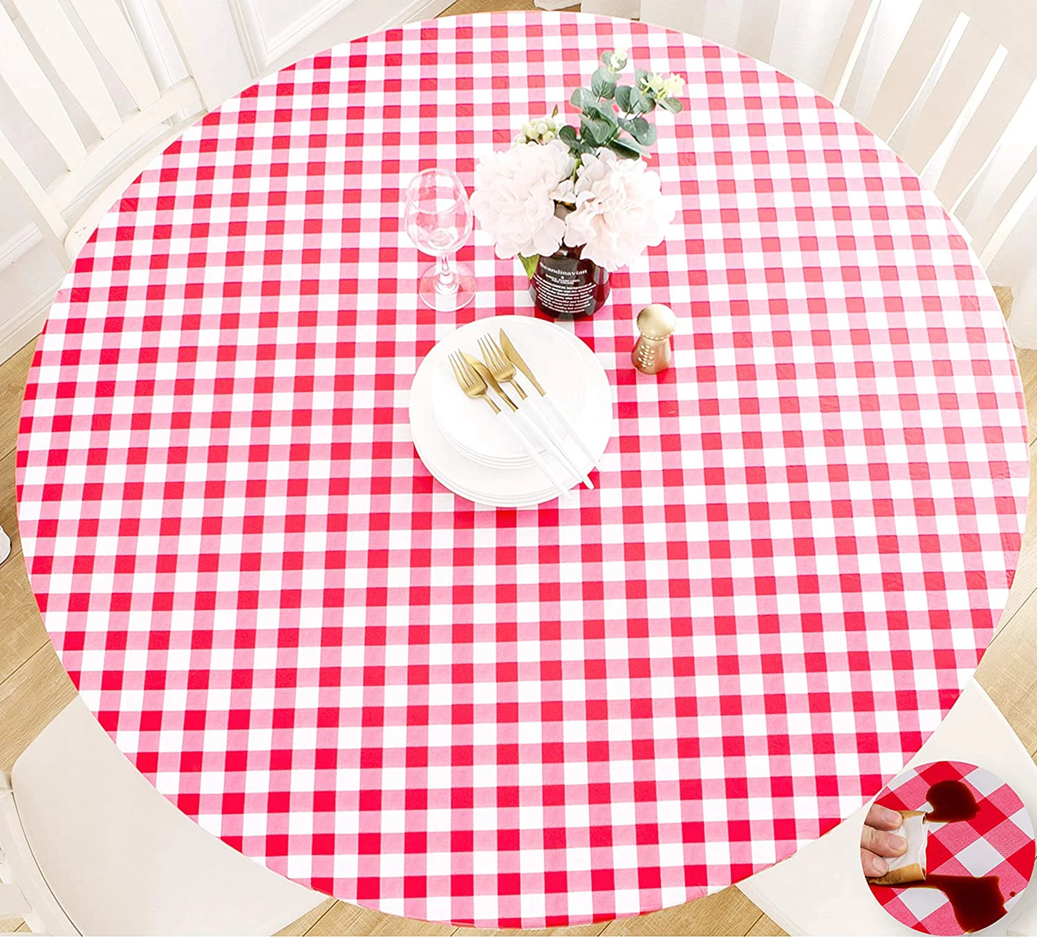 Red White Plaid Flannel Backing Elastic Edge Waterproof Wipeable Indoor Outdoor Patio Round Fitted Vinyl Tablecloth Table Cover
