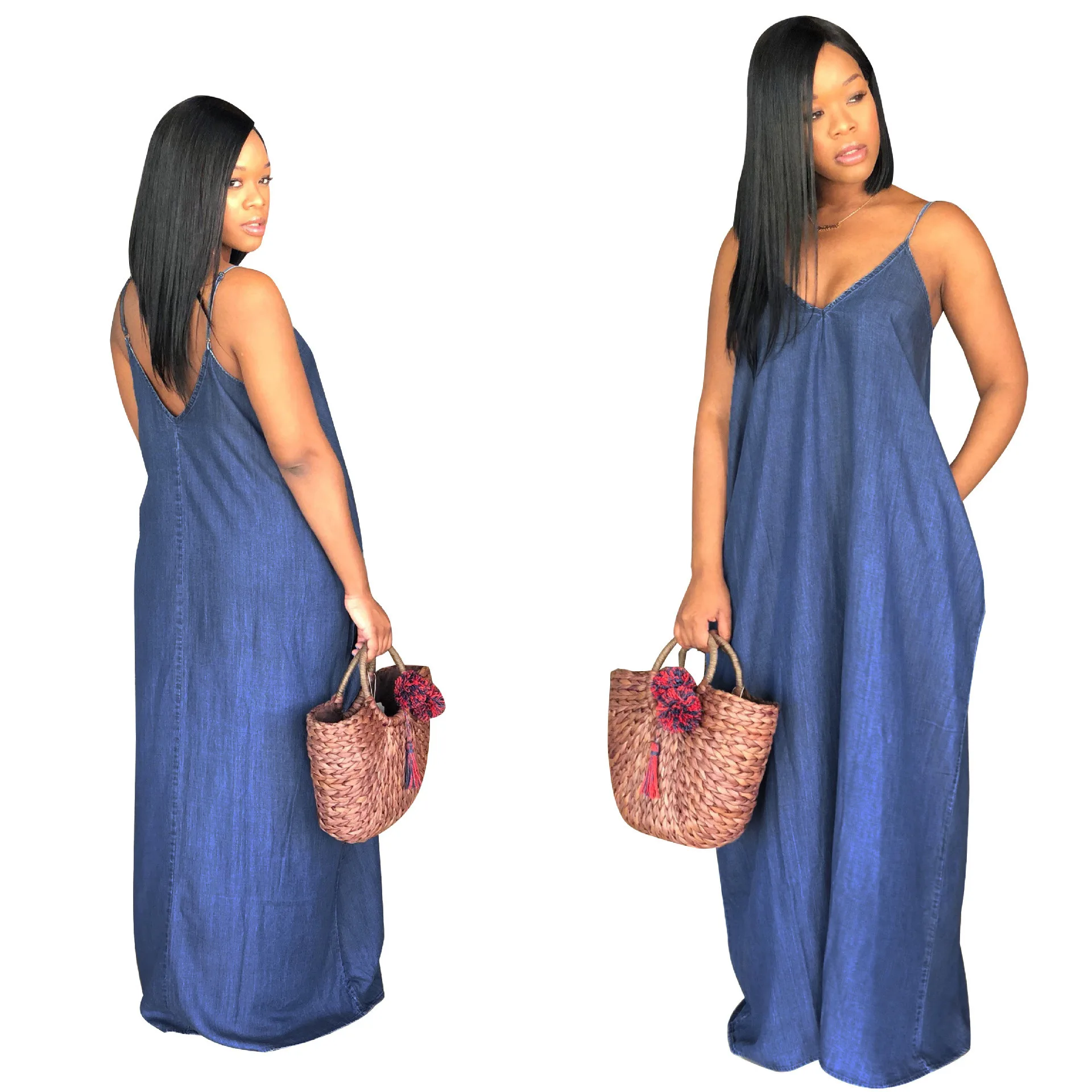 
Summer casual solid loose off shoulder maxi dresses long women denim dress 