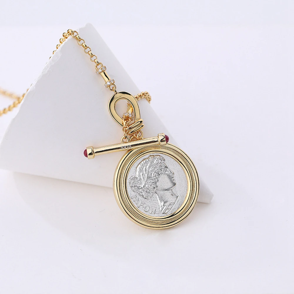 925 Sterling Silver Gold Plated Vintage Portrait Pendant Personality Ancient Coin Necklace
