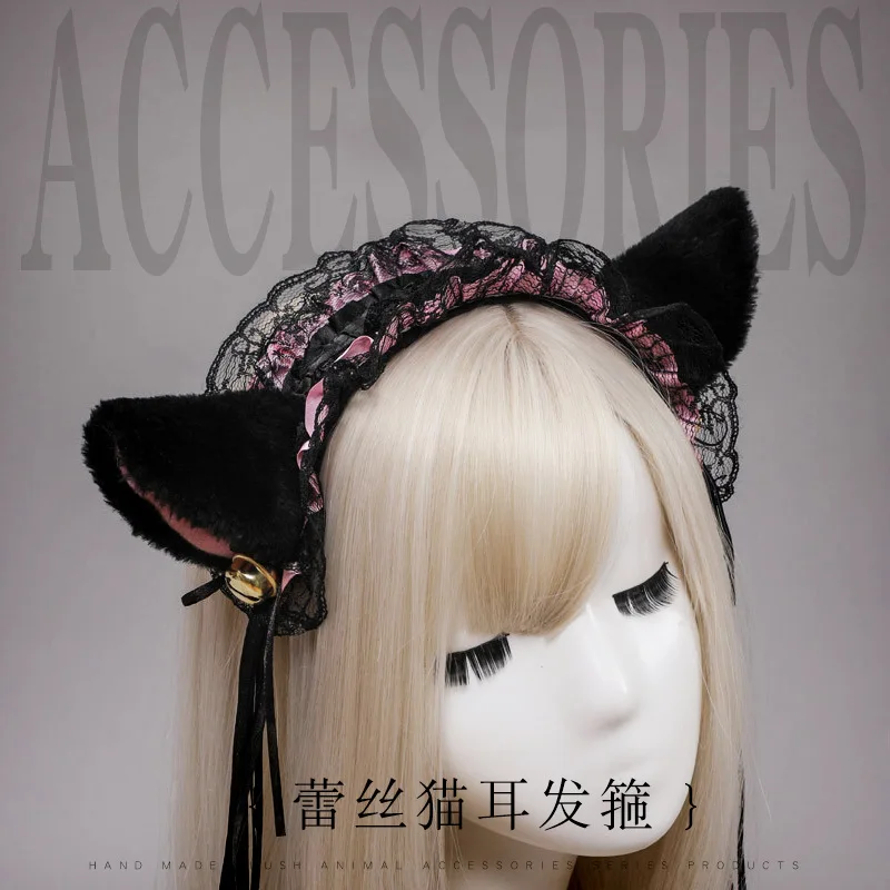 Gothic Lolita Maid Women Girl Ruffles Lace Headband Plush Cat Ears Ribbon Bell Anime Lolita Cosplay Hair Hoop