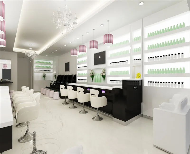Custom Beauty Shop Decoration Nail Furniture Glass Salon Nail Salon Store Design with Pedicure Chair Nail Salon Furniture Modern