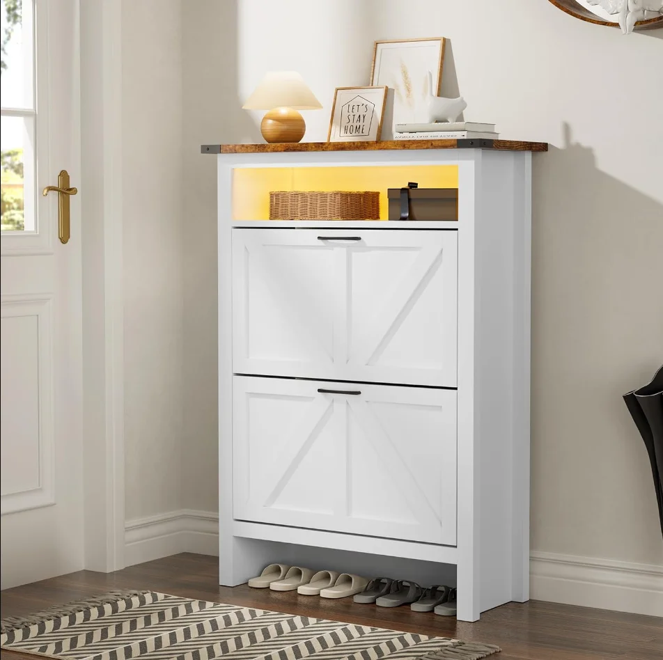 Shoe Cabinet with 2 Flip Drawers & Open Storage Space Entryway Shoe Storage Cabinet with LED Light Shoe Organizer for Entryway