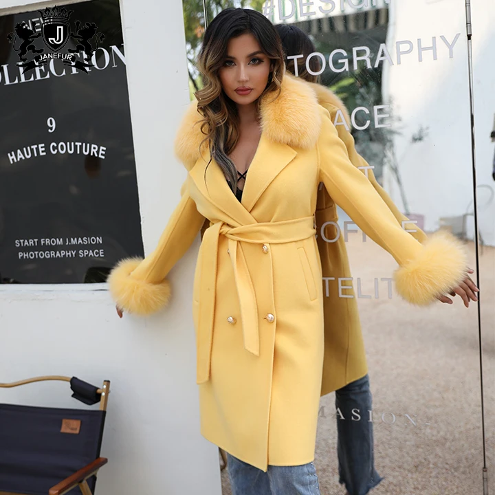 New Design Loose Size Cashmere Coat Luxury Fox Fur Collar Winter Belt Oversize Double Faced Wool Coats Women