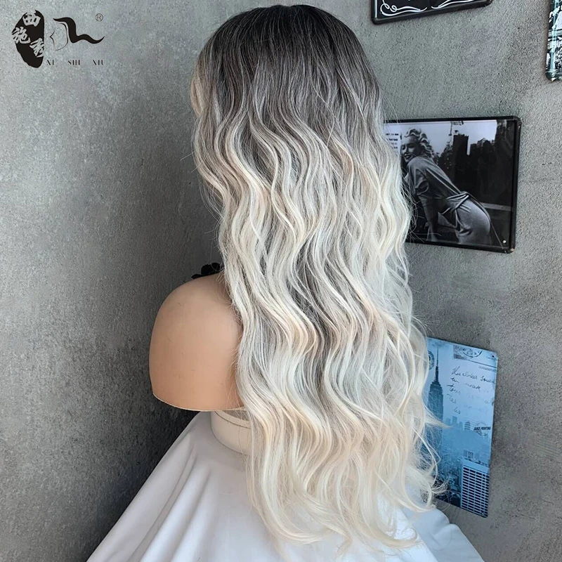 Long Wavy Wig Ombre Blonde Wigs for Women Synthetic Curly Hair Wig Middle Part Heat Resistant Daily Cosplay Use 24 Inch