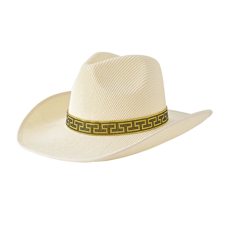 Western European and American cowboy hats, knitted hats, curved brimmed large brimmed hats with T stone decorative strip