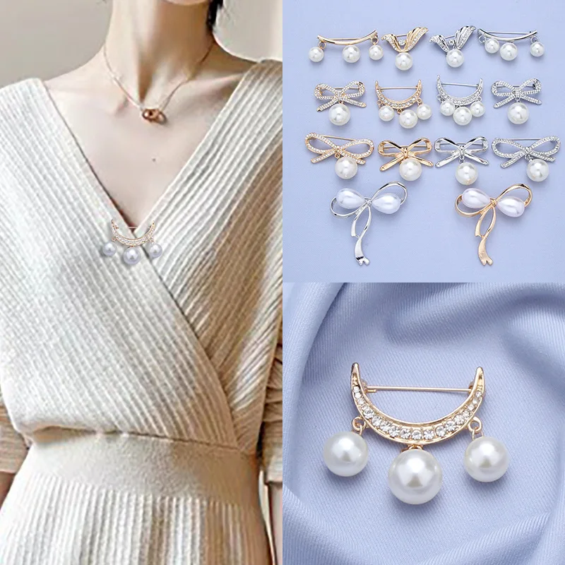Fashion Pearl Fixed Strap Charm Safety Pin Brooch Sweater Cardigan Clip Chain Brooches Jewelry