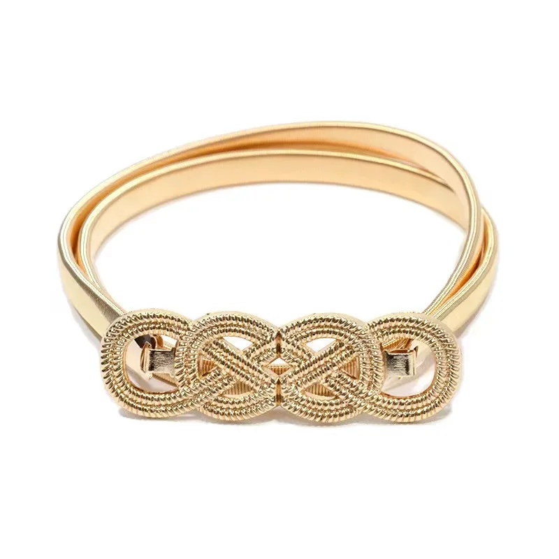 Лидер продаж, Женский Золотой узкий металлический пояс, дизайнерский пояс с золотым узлом, эластичный металлический пояс с цепочкой для платья