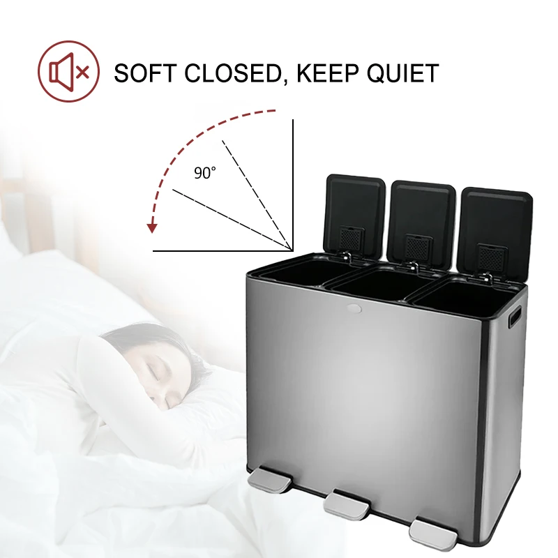 Large Kitchen Trash Can Triple Compartments Recycling Inside Doors Metal Bins Rectangular Foot Pedal Stainless Steel Trash Can