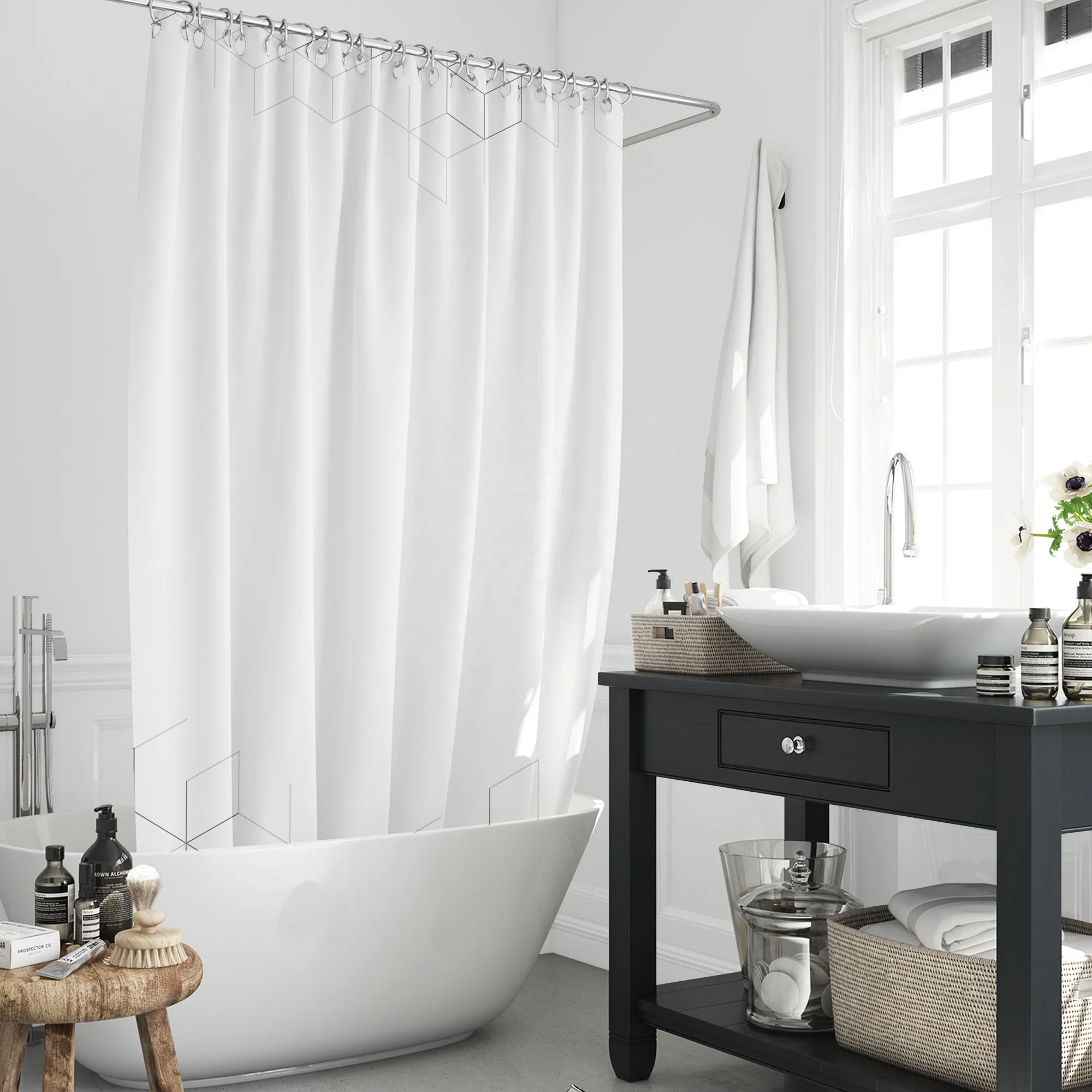 Boho Minimalist Diamond Geometric Polyester Waterproof Shower Curtain With 12 Hooks