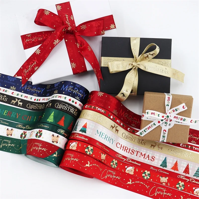 Wholesale Christmas Ribbon for christmas tree grosgrain Satin ribbon Red Gold Elk Printed Webbing DIY for packaging Xmas Box