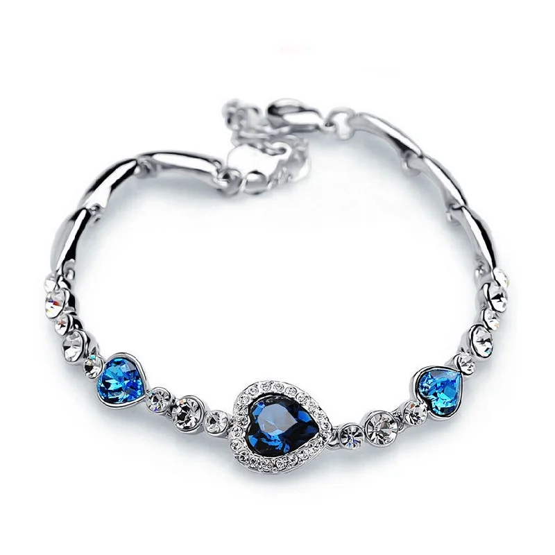 New Delicate Blue Love Hearts Silver Bracelets Women Temperament Noble Shining Fashion Jewelry Bracelets Accessories