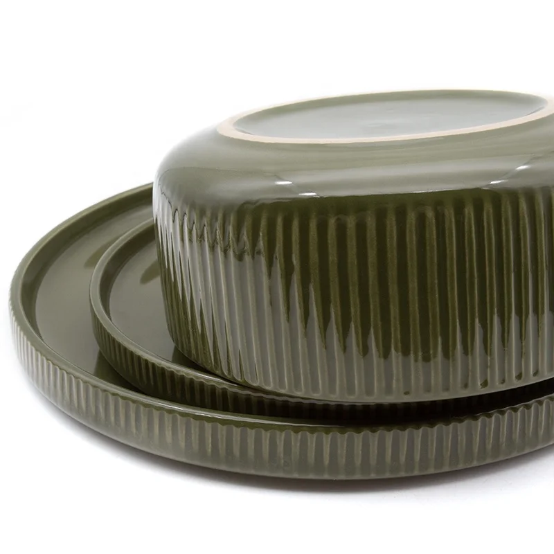 china Embossed dark green glazed luxurious Eco-friendly Stoneware dinnerware sets for Europe market popular tableware set
