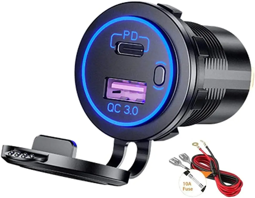 USB C 12V USB Port PD 30W USB C Car Charger QC 3.0 12V USB Charger 12V/24V Car Power Outlet Socket with ON/Off Switch for Marine