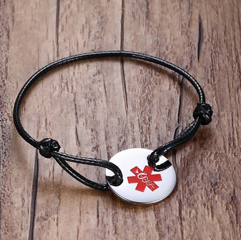 Hot Sales Promotional Gift  Custom Stainless steel Black Wax Cord Bracelet With Logo Engraved Medical Symbol Bracelet Tags