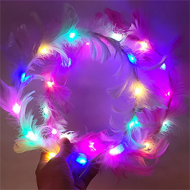 LED Flashing Wreath Angel Feather Headdress Colorful Luminous Garland Girl Headband Cheap Feather Headband