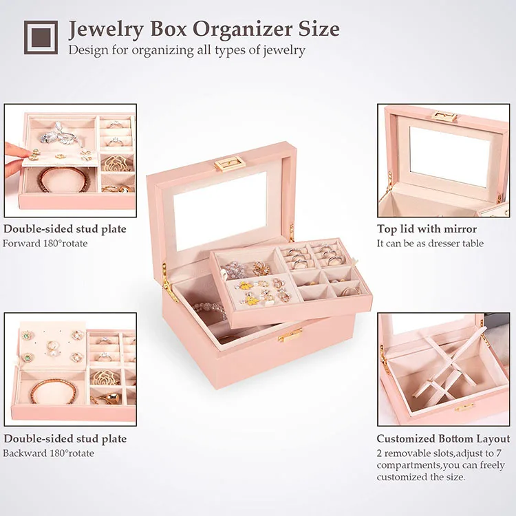 Jewelry Box for Womens Teen Girls,Large Jewelry Organizer Storage Case with Mirror  and 2 Layers Removable Tray,Leather Jeweller