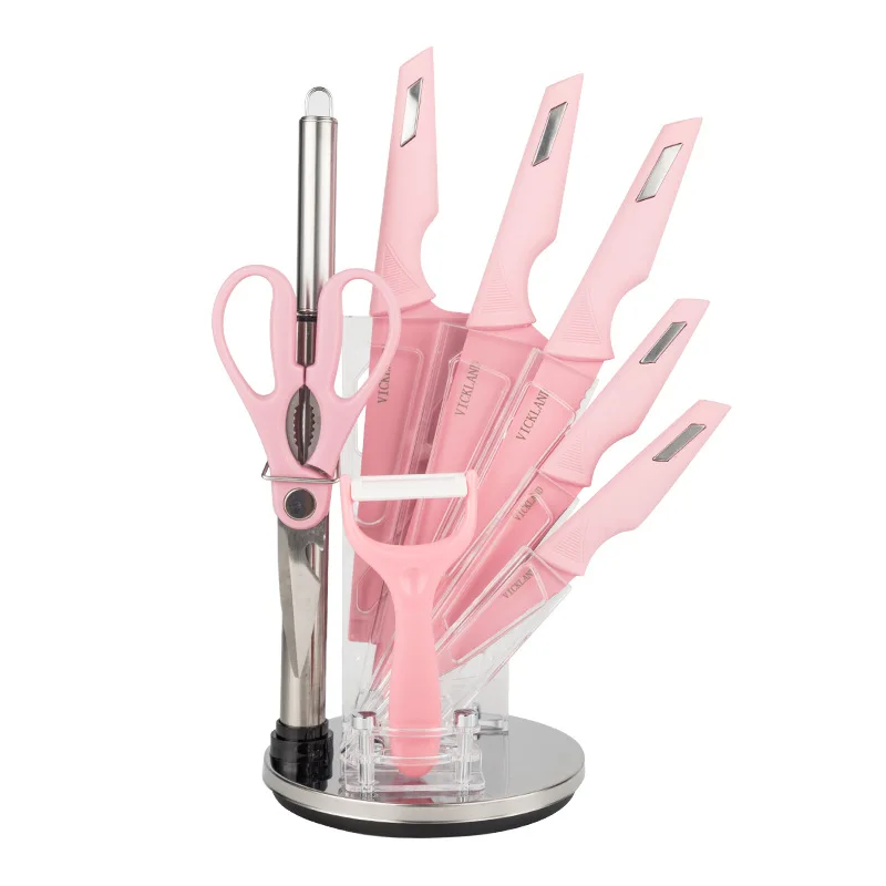 Multifunctional Rotating Acrylic Knife Block Electroplated Stainless Steel Spray Paint Knife Nine-Piece Set Gift Box Knife Set
