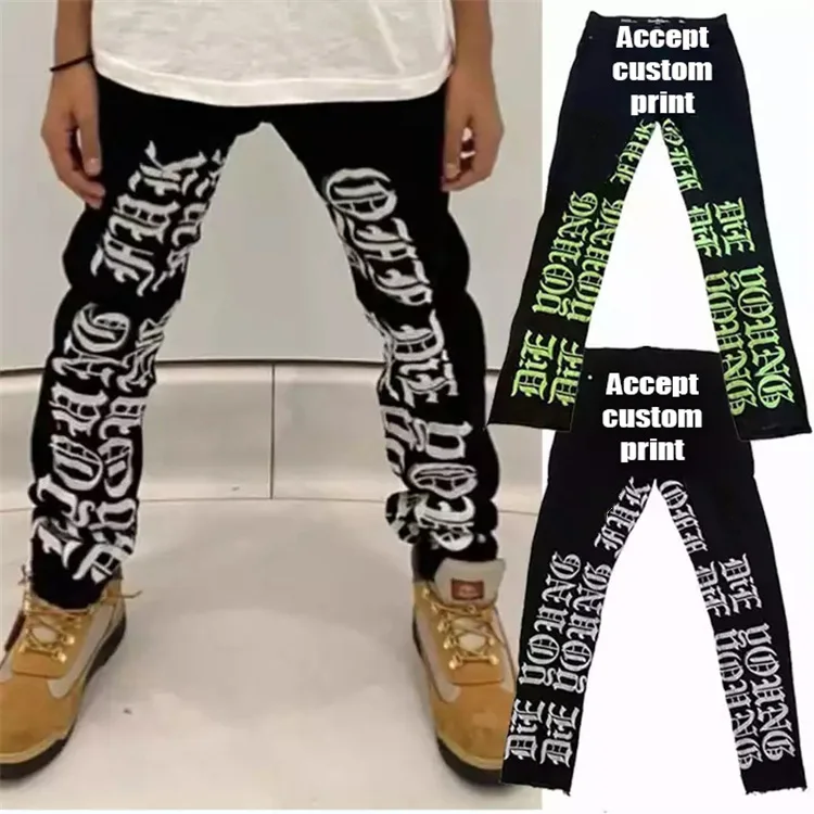 Custom Street Hip Hop full length Washed Waxed puff print stacked mens ripped denim jeans