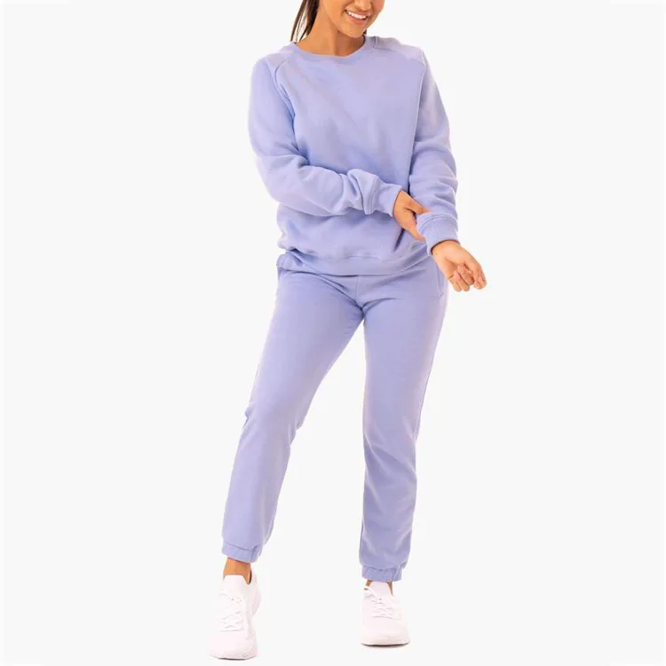 Winter Spring Fleece Interlock Fabric Light Color Long Sleeve Sweatshirt Sports Bottoms Jogger Ladies Tracksuit