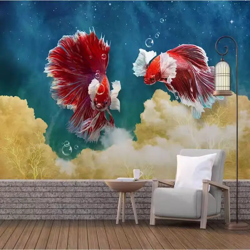 3D stereoscopic abstract lines guppy TV background wall covering bedroom bedside modern mural wall cloth
