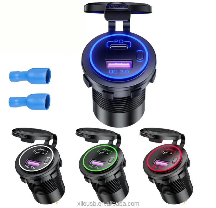 18W 30W quick charge 2 in 1 USB 3.0 A female PD c female usb car panel mount charger to car bus motorcycle boat with switch