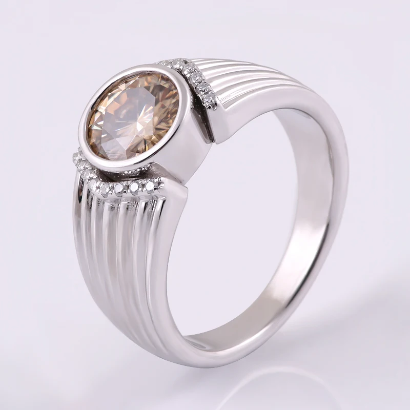 Champagne VVS1 Lab Grown Moissanite Diamond White Gold Man Ring 9mm 3ct Bezel Setting 14K White Gold Plated Silver 925