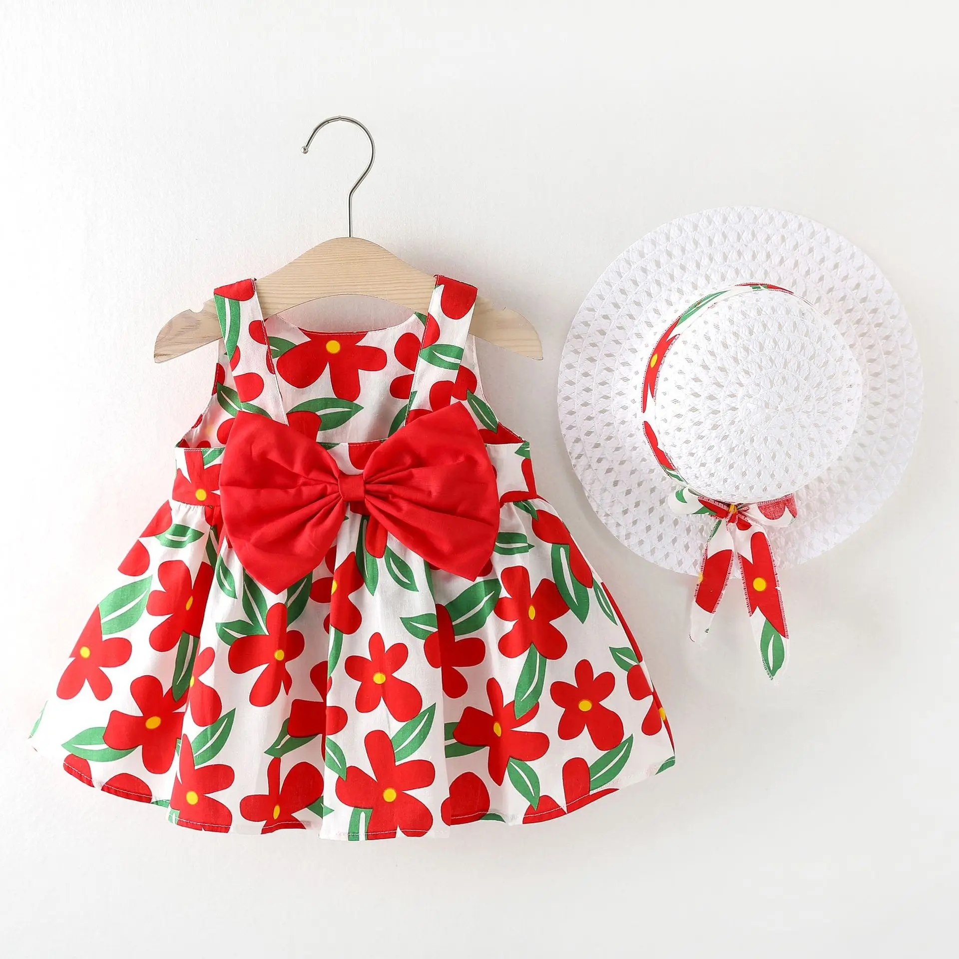 kids wholesale clothing multi print designs floral print baby girls big bow casual dresses infant clothes with free hat
