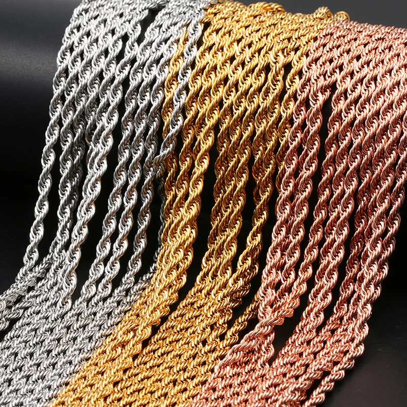 3mm rope chain Stainless Steel Hips hop jewelry gold silver rose black rope chain necklace jewelry