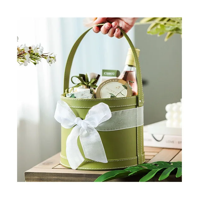 Ammy Leather hug bucket avocados green round waterproof flower box Hand bucket bouquet wedding date hand gift box