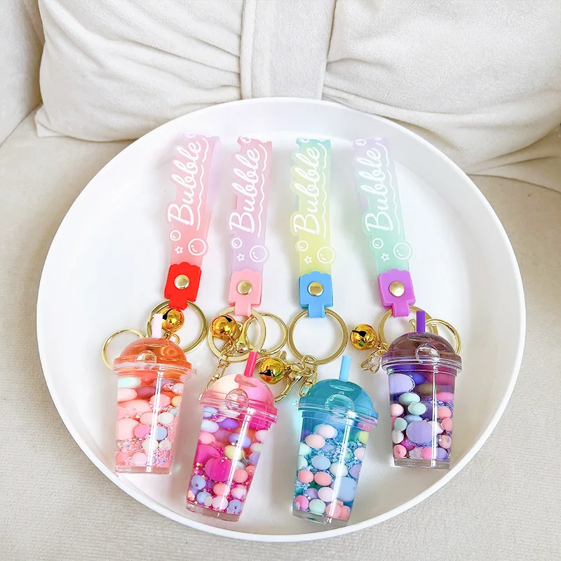 Acrylic Luminous Oil Sugar Soy Milk Tea Cup Keychain Car Pendant Floating Quicksand Couple Bag Key Chain Couples Gifts