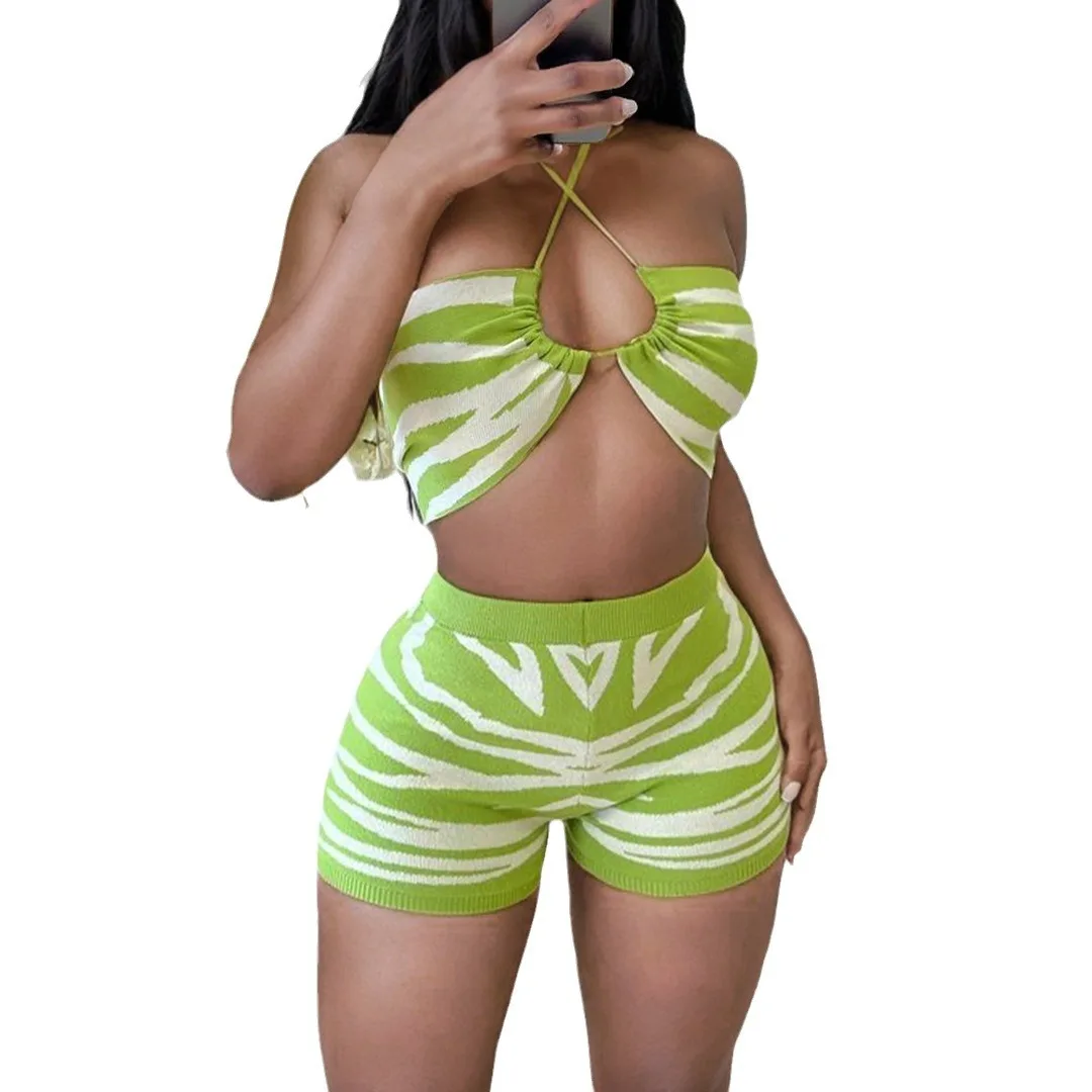 X13966C Women print Two Piece Set halter Vest+tight shorts Skinny Stretch Matching Outfits