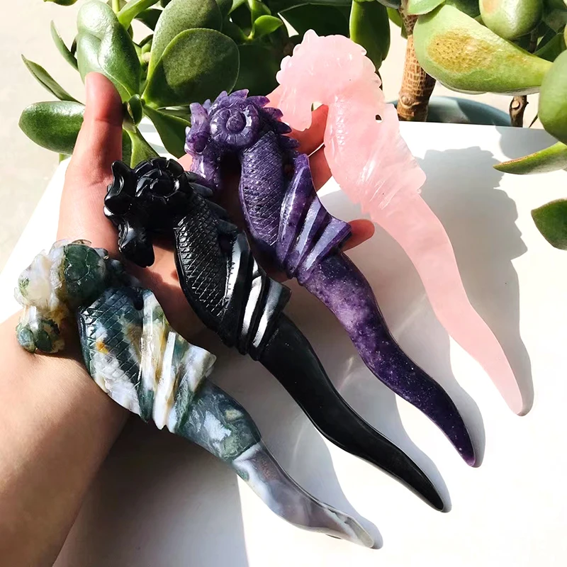 Western Magical Obsidian Handcarved Sea Horse Wand Healing Crystals Rose Quartz Magic Wand