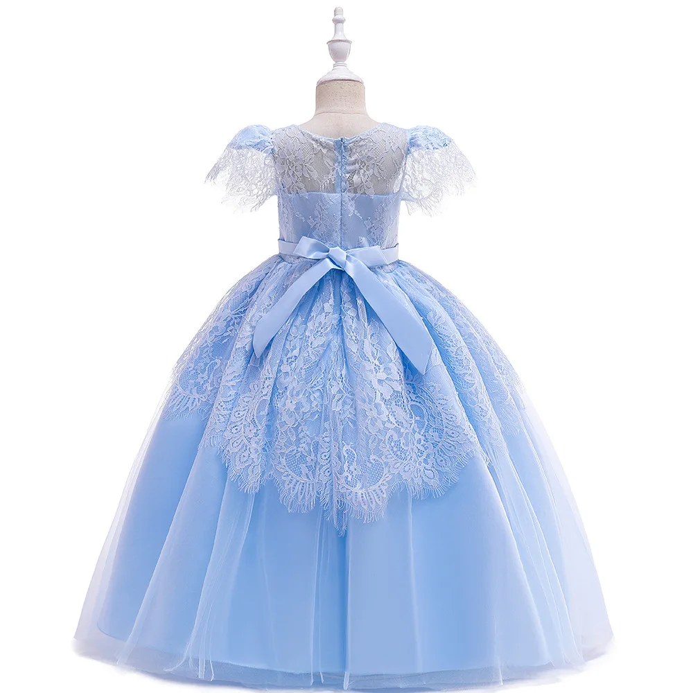 High quality long little girl gowns pageant short sleeve lace 13 year old girls dress light blue cheap modern frock designs