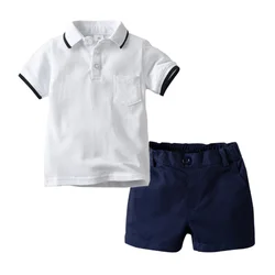 Летняя футболка и шорты из двух предметов, комплект с рукавами, рубашка поло, комплект детской одежды для мальчиков