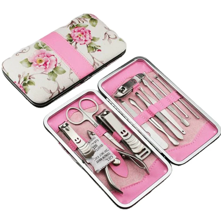 Wellflyer 12 Piece Flower Printing Girls Pink Manicure Pedicure Set 16 pcs Complete Nail Salon Tools