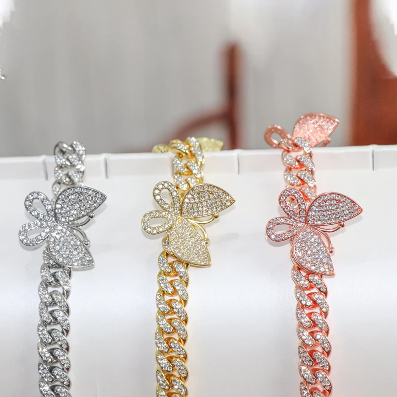 2022 New Arrival Hips Pops Cuban Chain Butterfly Ankle Bracelet Rose Gold Plated Rhinestone Crystal