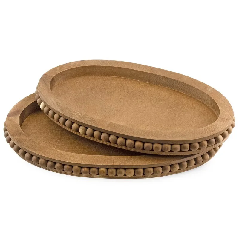 wooden farmhouse decorative tray rustic wood beaded tray for table decor oval wood color serving tray
