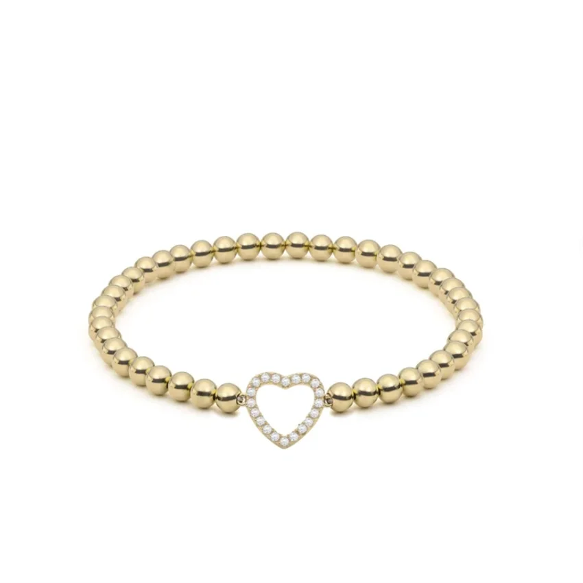 Hot sale cooper brass jewelry Hand made women 4mm round beads heart charms Cubic Zirconia 14k Rose Gold Filled Beads Bracelets