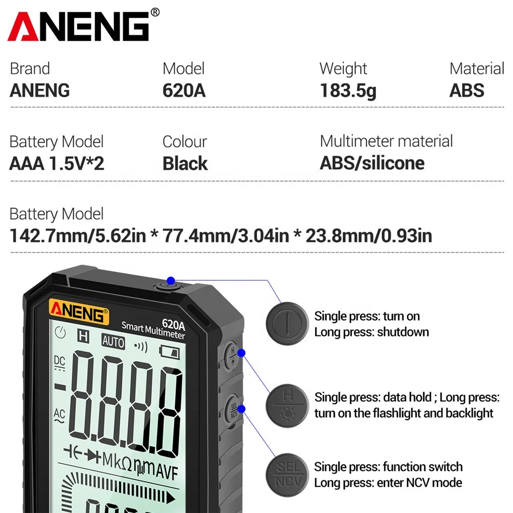 ANENG 620A Digital Smart Multimeter Transistor Testers 6000 Counts True RMS Auto Electrical Capacitance Meter Temp Resistance