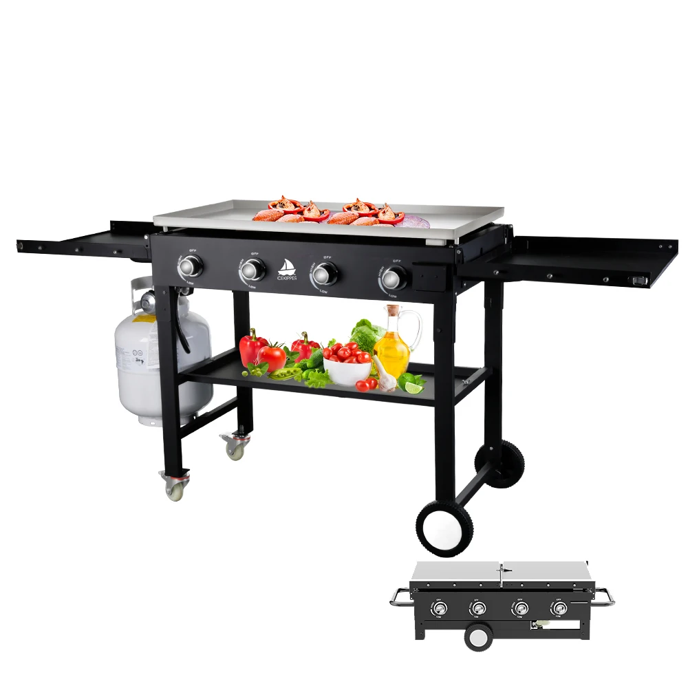 Portable Gas Grill BBQ Gas Griddle Outdoor Foldable Barbeque Gas Grills With 4 Burner Fuel Flat Top Griddle And Storage Rack