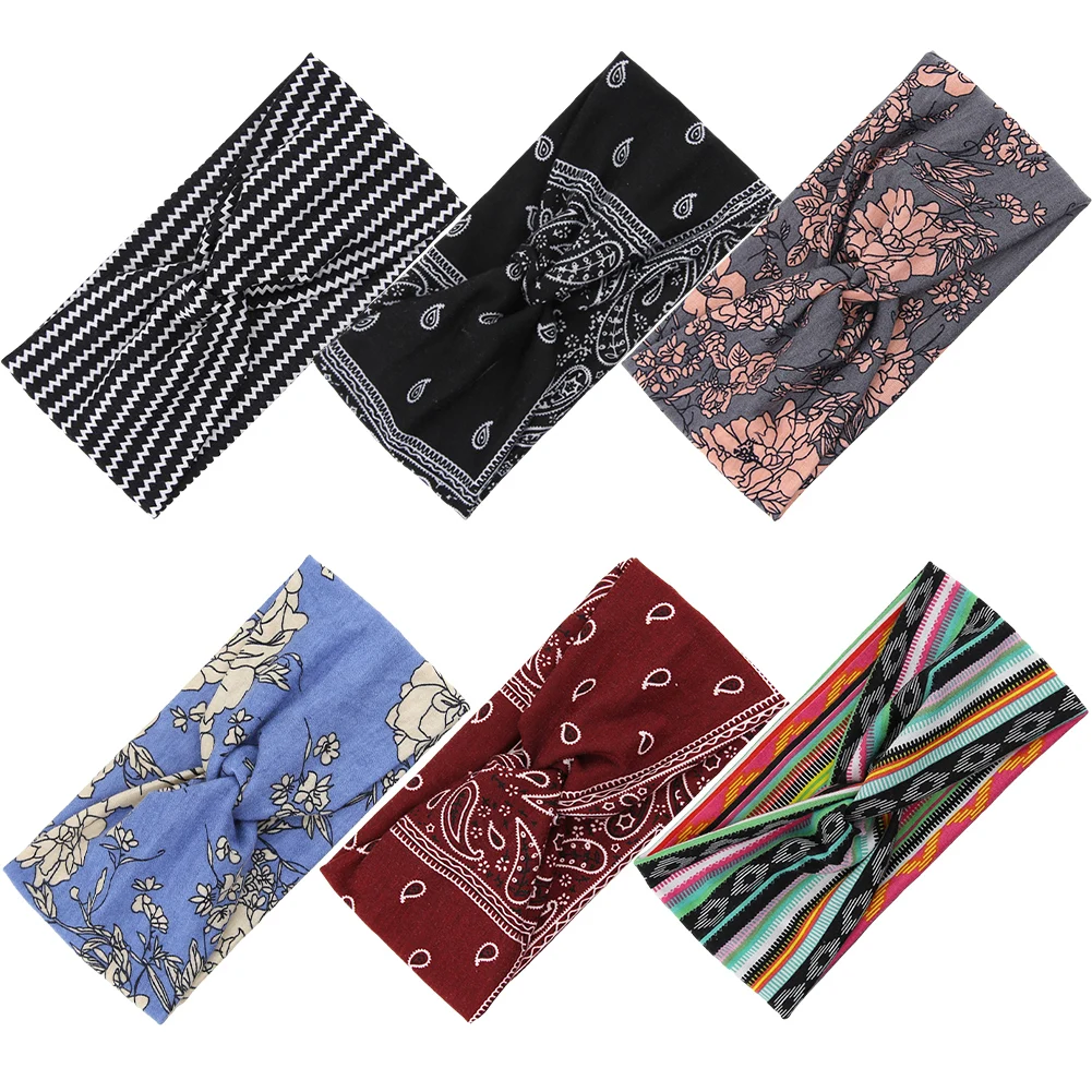 Women Bohemia Wide Headbands Cotton Make Up Yoga Elastic Printed Knot Headwraps Absorb Sweat Yogo Sports Hair Bands