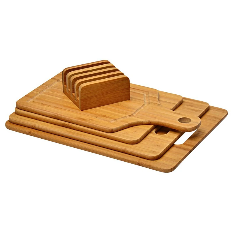 Bamboo Cutting Boards for Kitchen, (Set of 4) Wood Chopping Board Set with Holder Pizza Peel Paddle with Handle for Kitchen